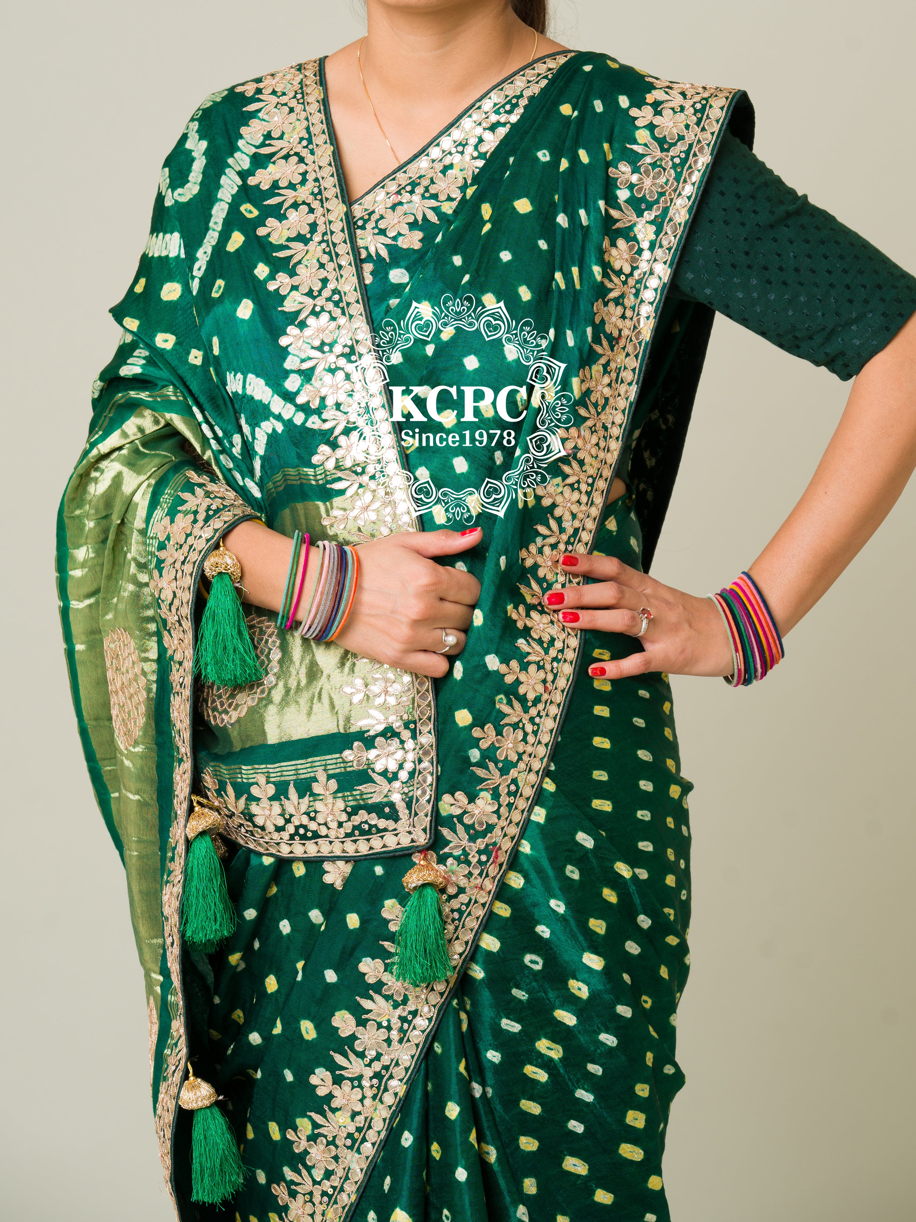 KcPc Pure Modal Silk Bandhani Ekdana Bandhej Heavy Gotapatti Work SareeAMT Bottle Green