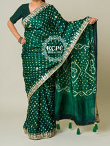 KcPc Pure Modal Silk Bandhani Ekdana Bandhej Heavy Gotapatti Work SareeAMT Bottle Green