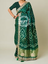 KcPc Pure Modal Silk Bandhani Ekdana Bandhej Heavy Gotapatti Work SareeAMT Bottle Green