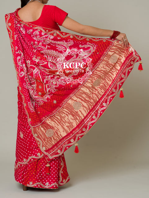 KcPc Beautiful  Gaji silk Bandhani Mayur Heavy Gotapatti Work saree AMT