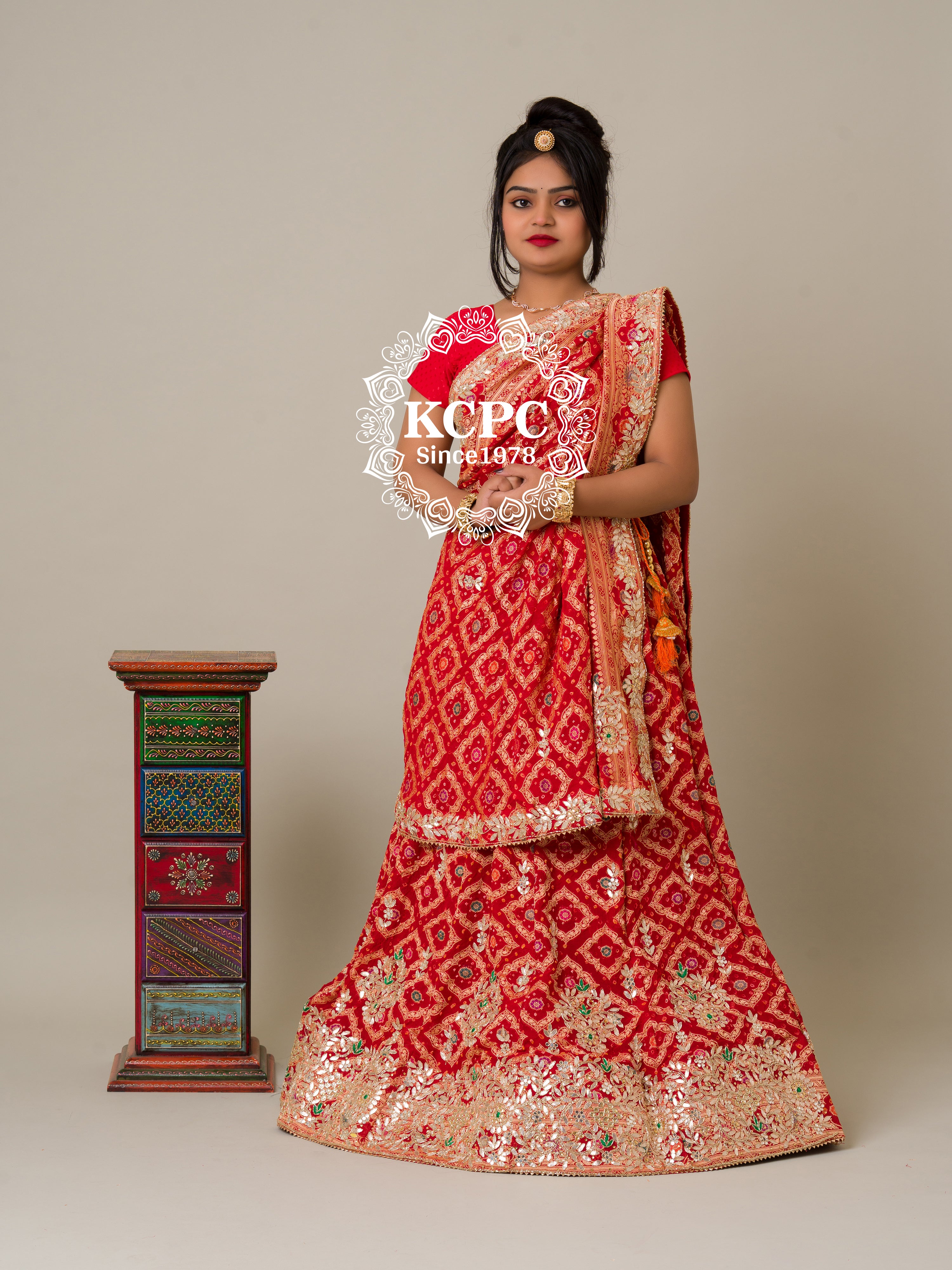 KcPc Pure Khaddi Georgette Banarasi Bandhej Ghatchola Gota Patti LehengaBTU