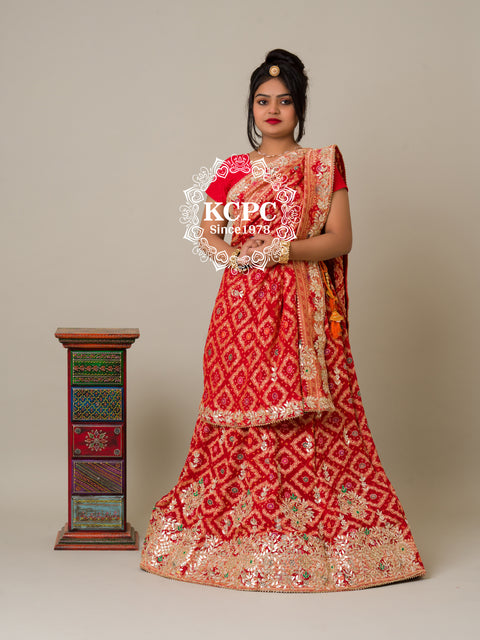 KcPc Pure Khaddi Georgette Banarasi Bandhej Ghatchola Gota Patti Lehenga  BTU