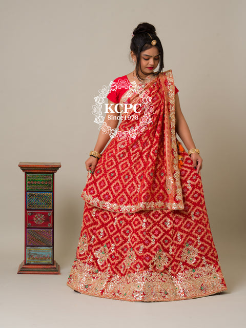 KcPc Pure Khaddi Georgette Banarasi Bandhej Ghatchola Gota Patti Lehenga  BTU