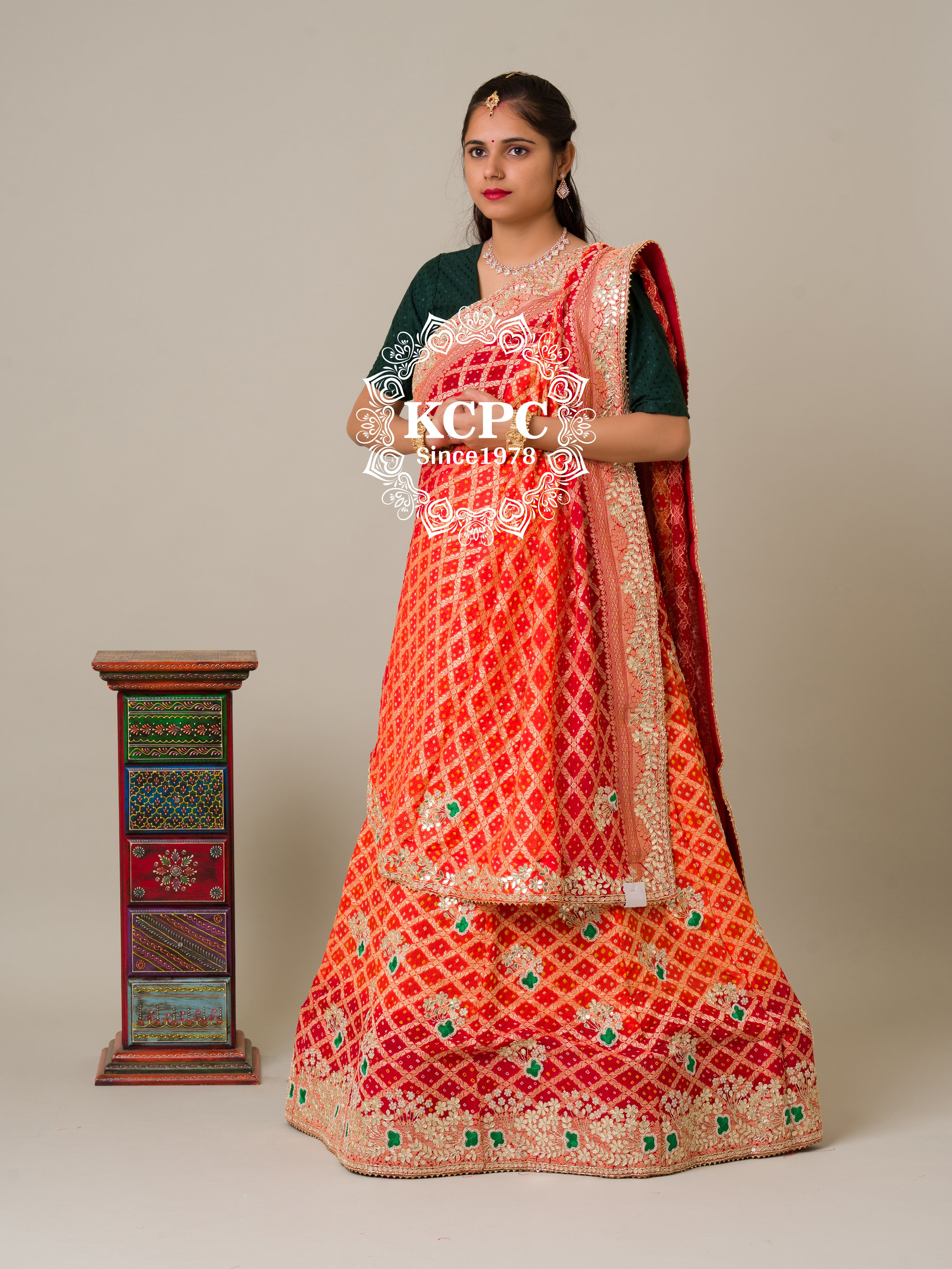 KcPc Pure Khaddi Georgette Banarasi Bandhej Ghatchola Gota Patti work LehangaBTU