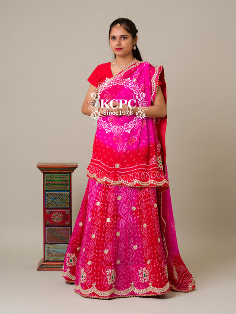 KcPc Heavy beautiful Bandhani Pure Ojariya Chinon Handwork Lehenga Red Rani BT