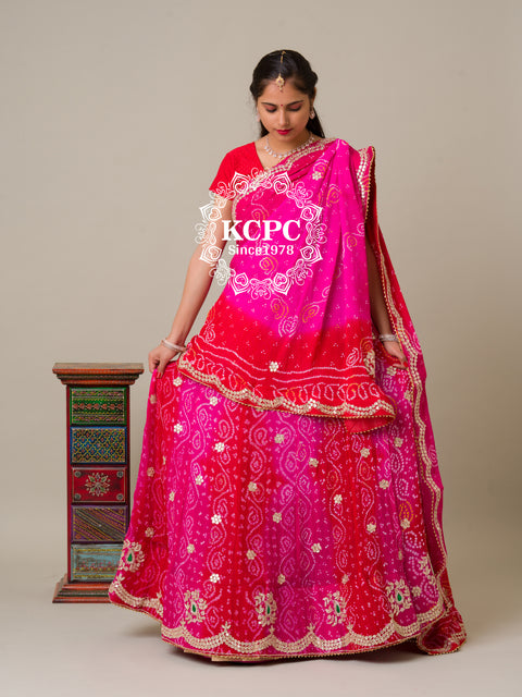 KcPc Heavy beautiful Bandhani Pure Ojariya Chinon Handwork Lehenga Red Rani BT