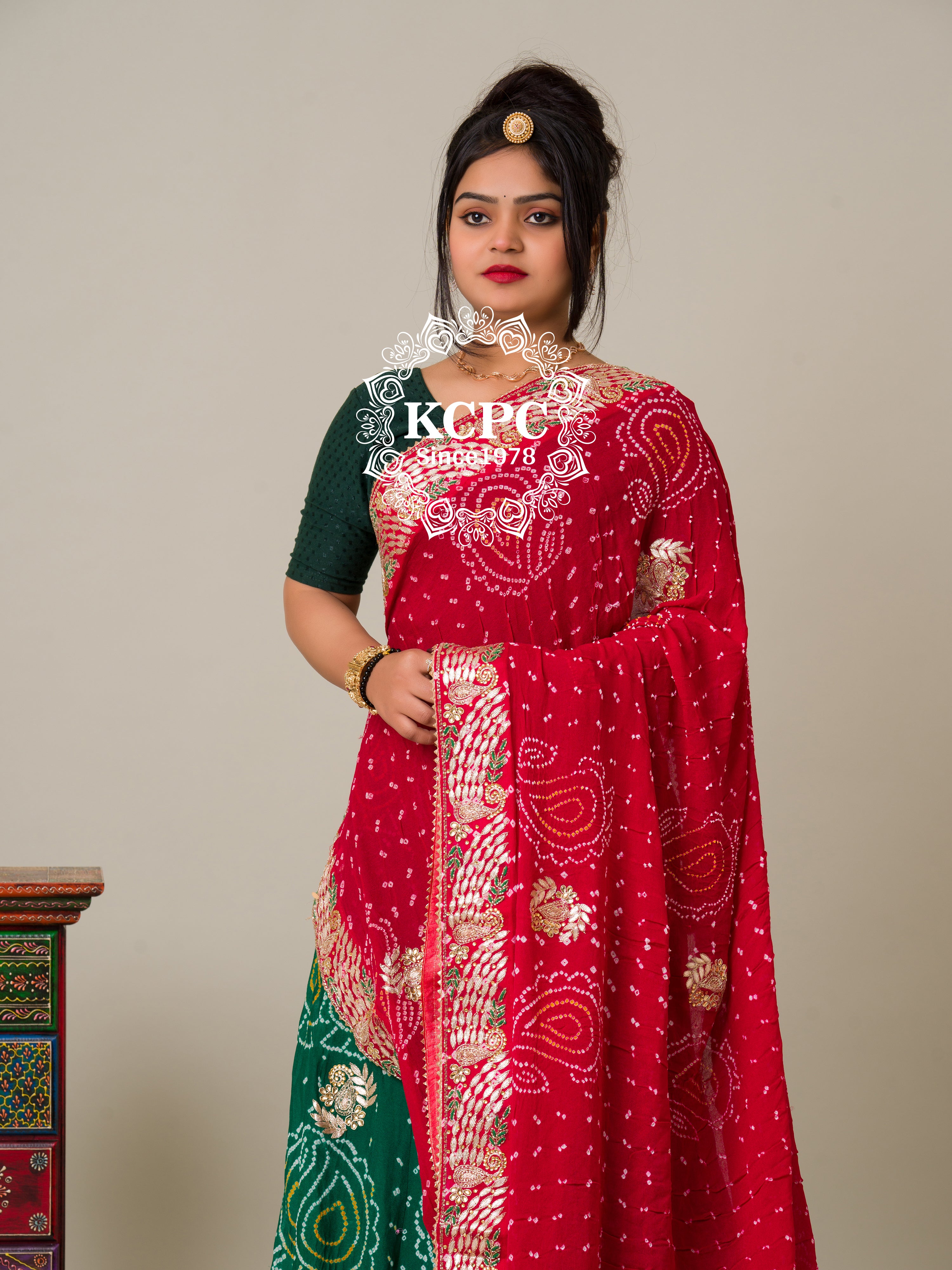 KcPc Bandhani Designer Jaipuri Pure Ojariya Lehenga with Multicolour DupattaBTU
