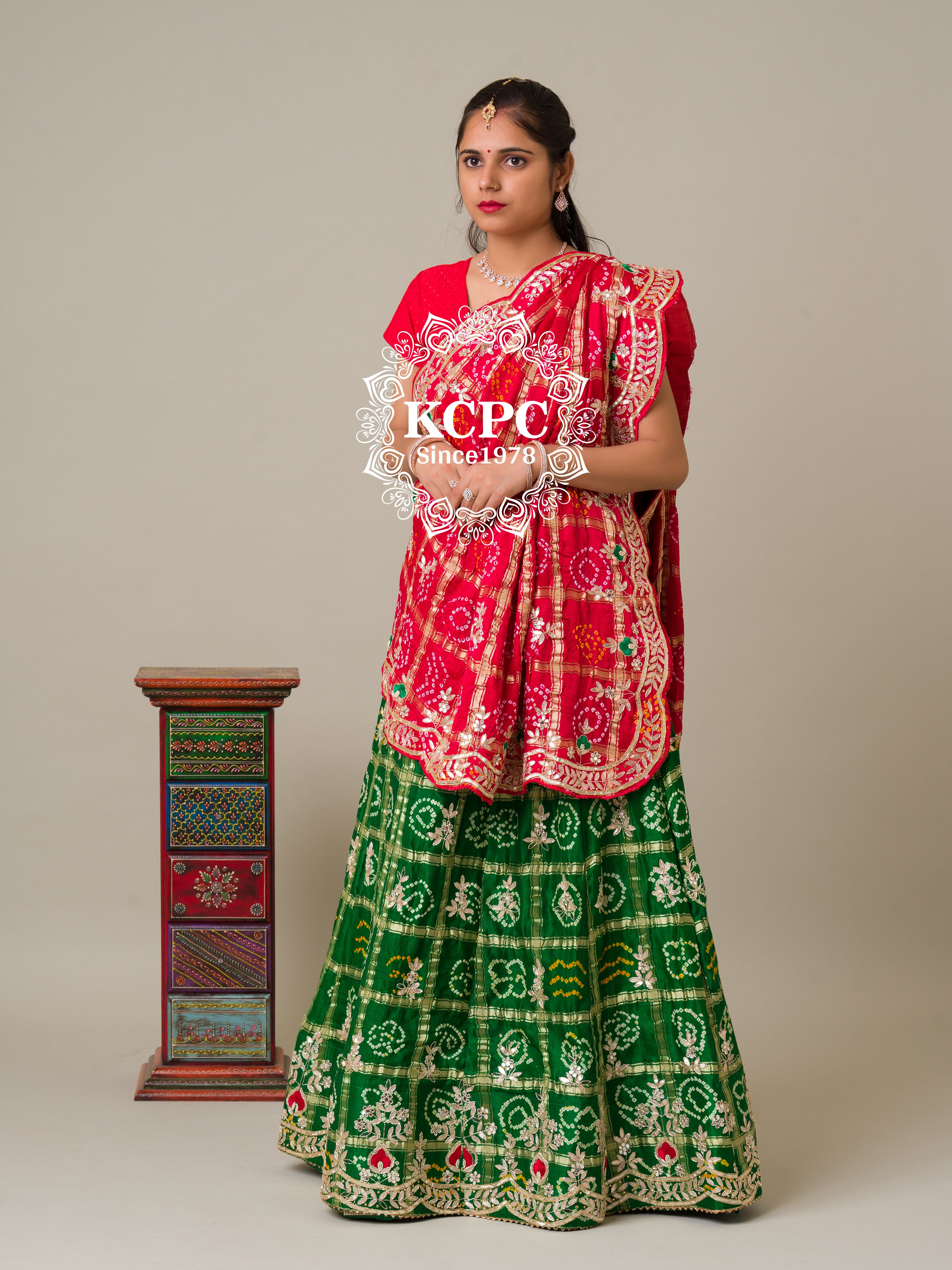 KcPc Pure Gaji Silk Bandhani Ghatchola Gotapatti Work Lehenga Red Green BTU