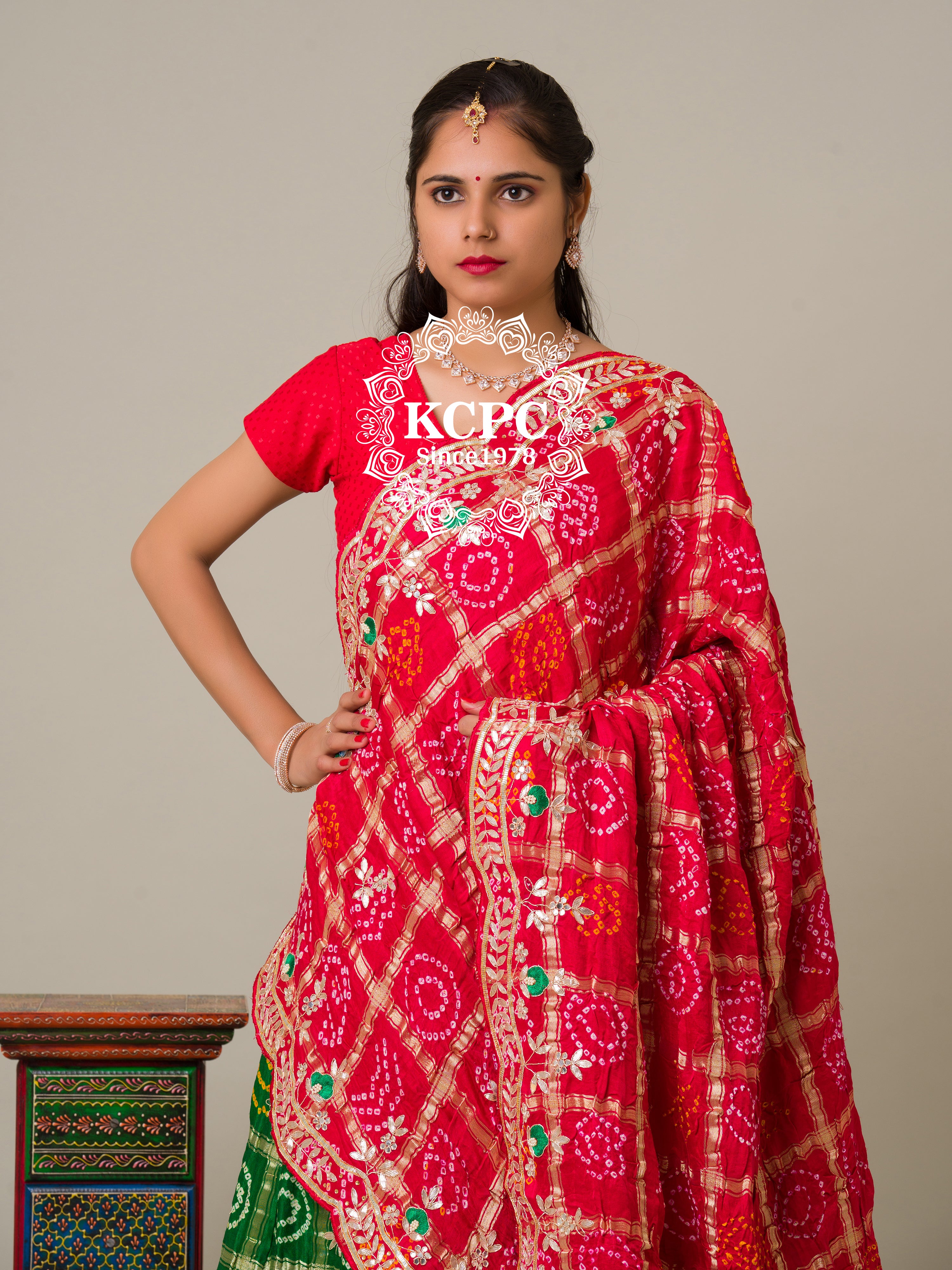 KcPc Pure Gaji Silk Bandhani Ghatchola Gotapatti Work Lehenga Red Green BTU
