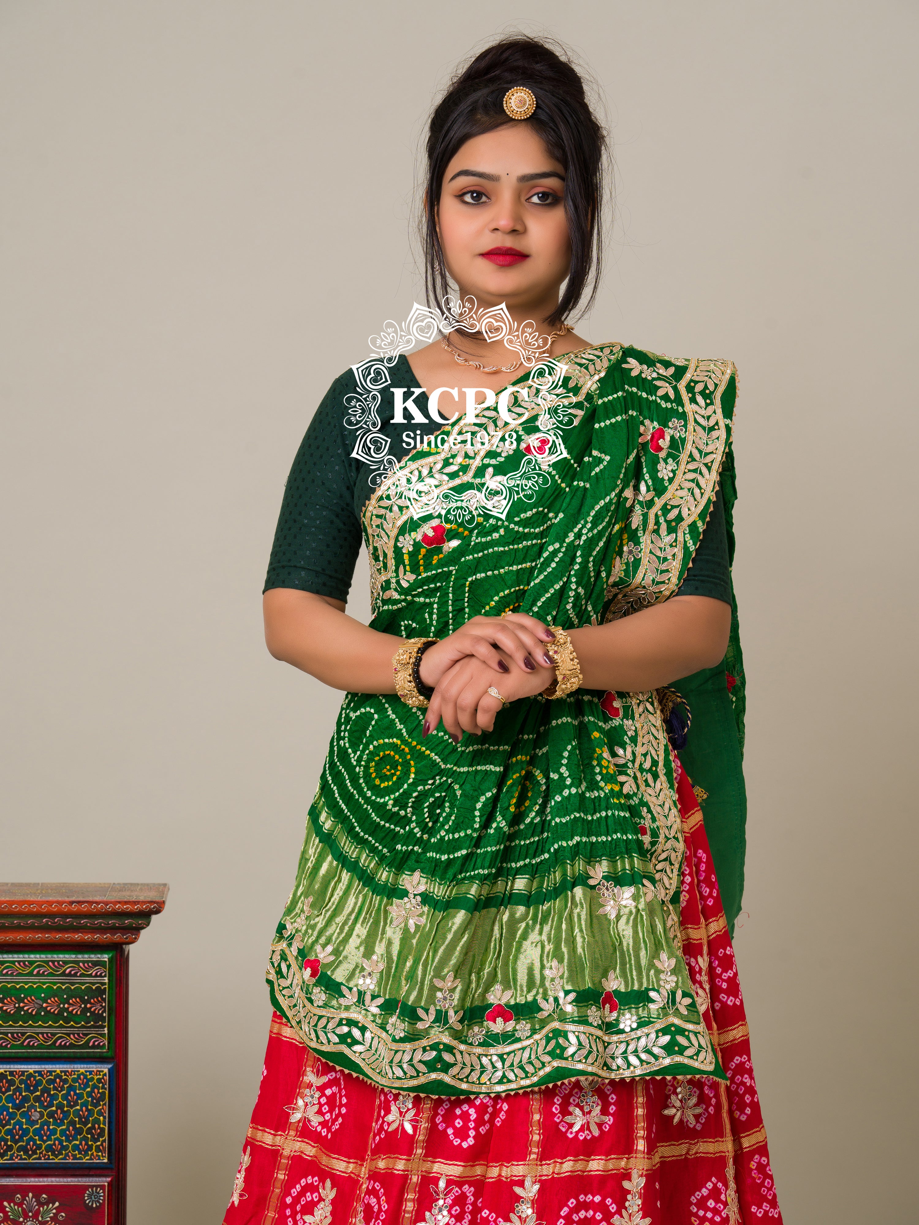 KcPc Pure Gaji Silk Bandhani Ghatchola Gotapatti Work LehengaGreen Red BTU