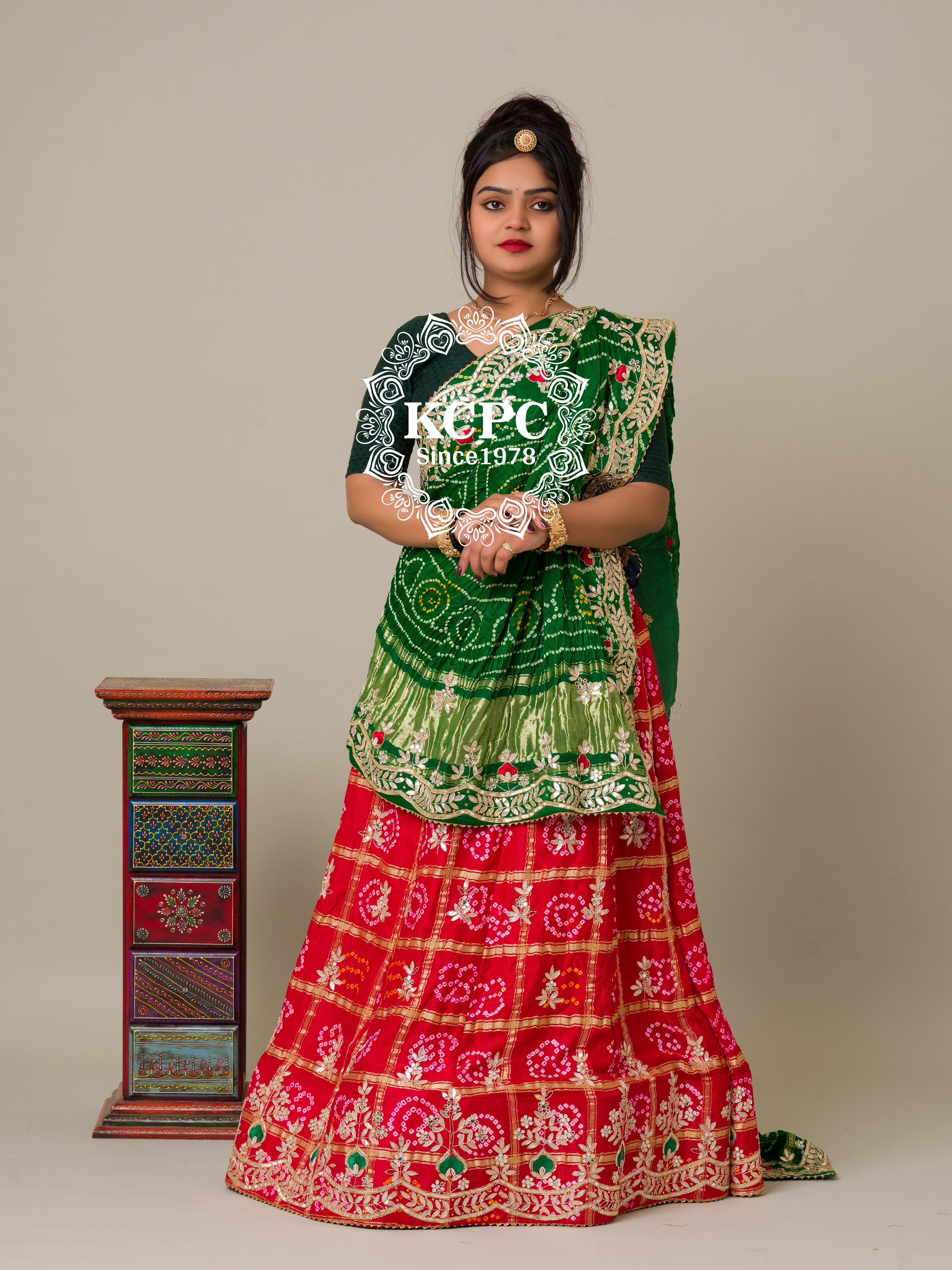 KcPc Pure Gaji Silk Bandhani Ghatchola Gotapatti Work LehengaGreen Red BTU