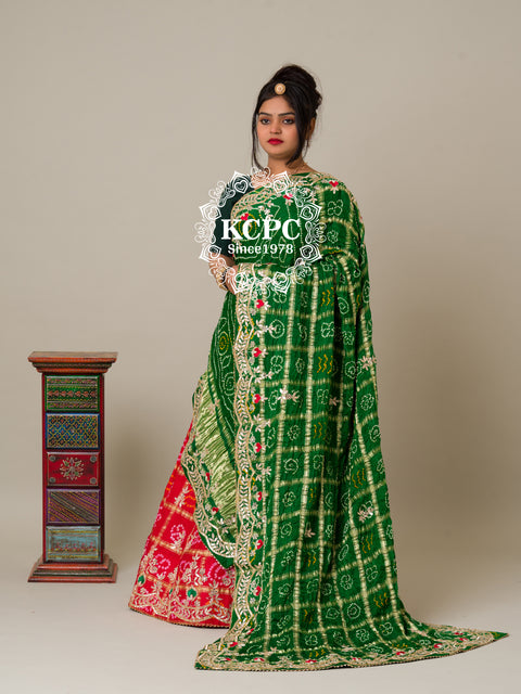 KcPc Pure Gaji Silk Bandhani Ghatchola Gotapatti Work Lehenga  Green Red BTU