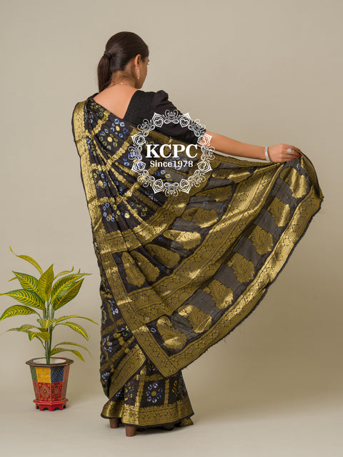 KcPc Bandhej silk gharchola Single coin saree Black