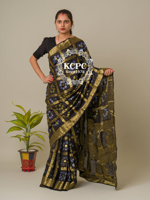 KcPc Bandhej silk gharchola Single coin saree Black