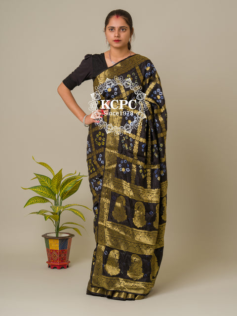 KcPc Bandhej silk gharchola Single coin saree Black