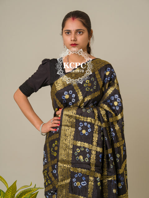 KcPc Bandhej silk gharchola Single coin saree Black