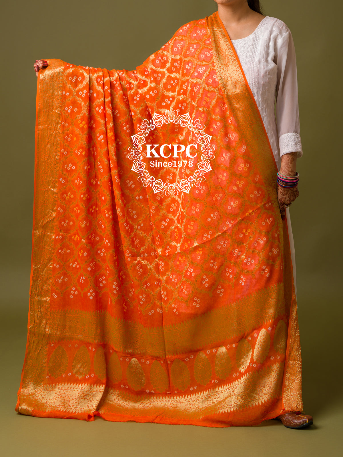 KcPc Pure Georgette Banarasi Bandhani Dupatta Orange