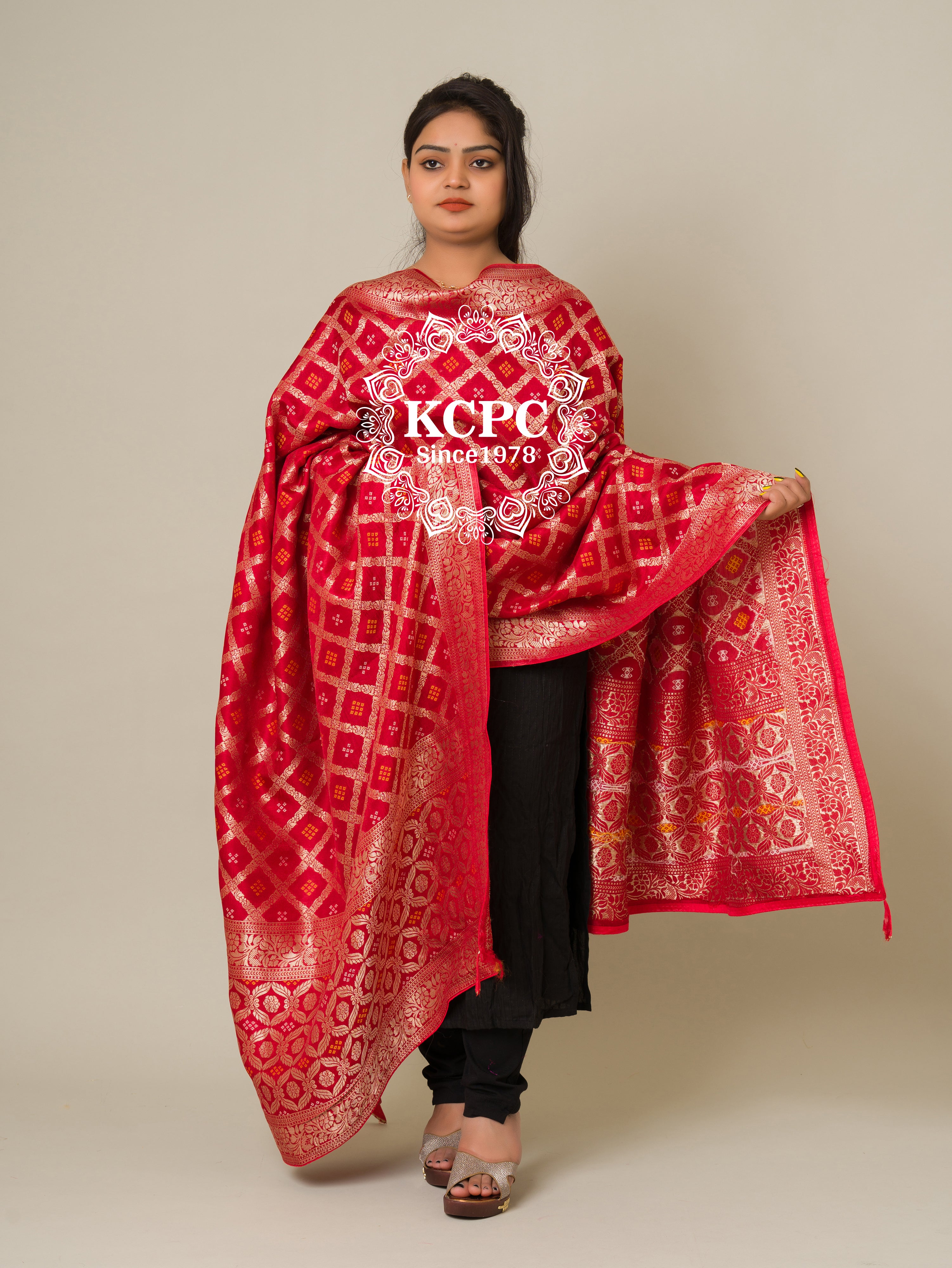 KcPc Pure Upada Banarasi Bandhej Ghatchola Dupatta Red