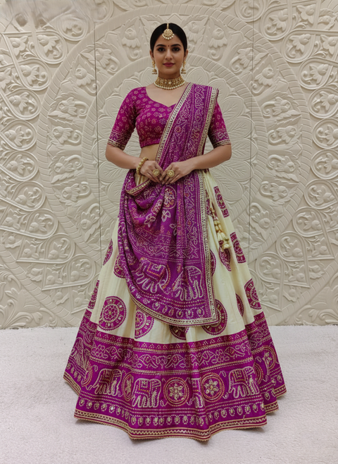 KcPc New Festive Wear Crepe Silk Lehenga Bandhani Style with Premium Gotapatti Embellishment MHS