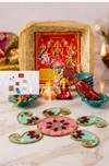 Traditional Diwali Pooja Set with Framed Divine Poster, Lakshmi Ganesha & Kundan Rangoli