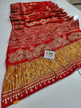 Pure Gaji Silk Bandhani Heavy Gotapatti Work Saree With Blouse Red Saree