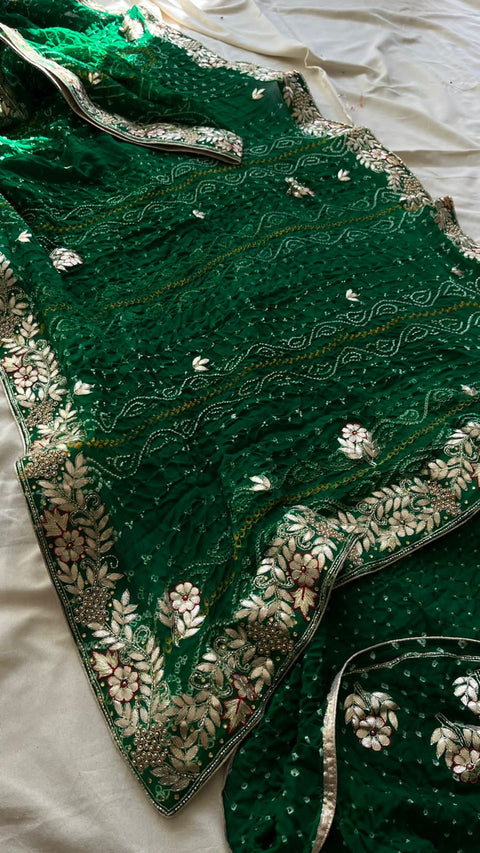 Pure Crepe Georgette Bandhej With Gotapatti Sequence Saree Amt Nr Bottle Green Saree