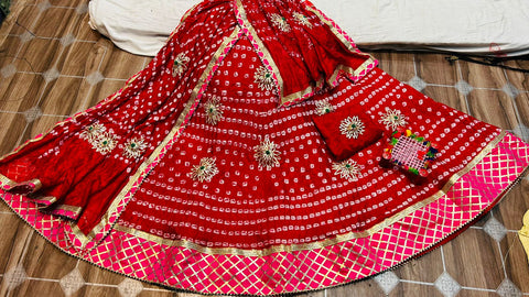 Traditional Jaipuri Beautiful Bandhni Gota Patti Work Lehenga Or Kml Bottle Green