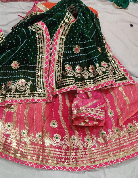 Pure Kota Silk Beautiful Rajasthani Lehriya Print With Gotapatti Work Lehenga Kml Or Green Orange