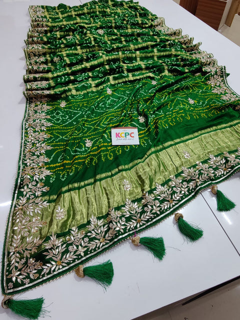 Pure Gaji Silk Bandhej With Beautiful Ghatchola Heavy Gotaptti Work Saree Kcpc Nr Green