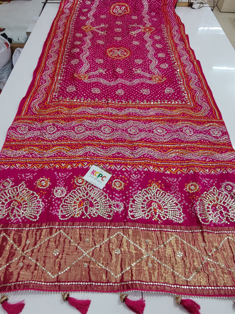 KcPc Pure Gaji Silk Bandhani Heavy Gotapatti Work Saree Rani