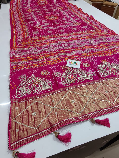 KcPc Pure Gaji Silk Bandhani Heavy Gotapatti Work Saree Rani