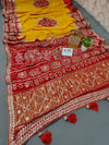 Pure Gaji Silk Handmade Bandhej Piliya Style Gotapatti Work Jaipuri Saree Ami Red Yellow