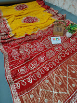 Pure Gaji Silk Handmade Bandhej Piliya Style Gotapatti Work Jaipuri Saree Ami