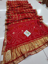 Pure Gaji Silk Bandhani Ghatchola Gotapatti Work Saree With Blouse Red Saree
