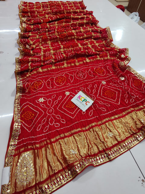 Pure Gaji Silk Bandhani Ghatchola Gotapatti Work Saree With Blouse Red Saree