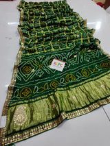 Pure Gaji Silk Bandhani Ghatchola Gotapatti Work Saree With Blouse Green Saree