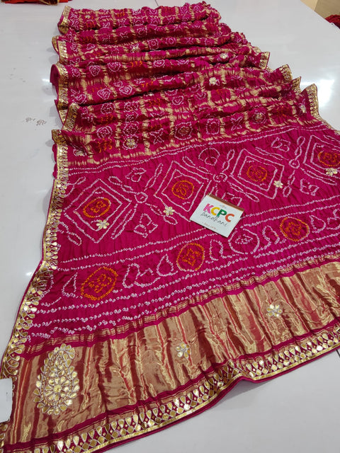 Pure Gaji Silk Bandhani Ghatchola Gotapatti Work Saree With Blouse Rani Saree