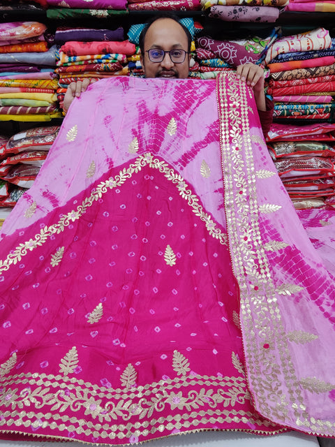 KcPc Pure Chinon Beautiful Jaipuri Handmade Bandhej Gotapatti Work Lehenga Raj