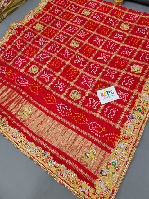 KcPc Pure Gaji Silk Bandhani Jardozi Work Ghatchola Chunri Pila Odhna in Aara Tari Handwork Chunri (Red)