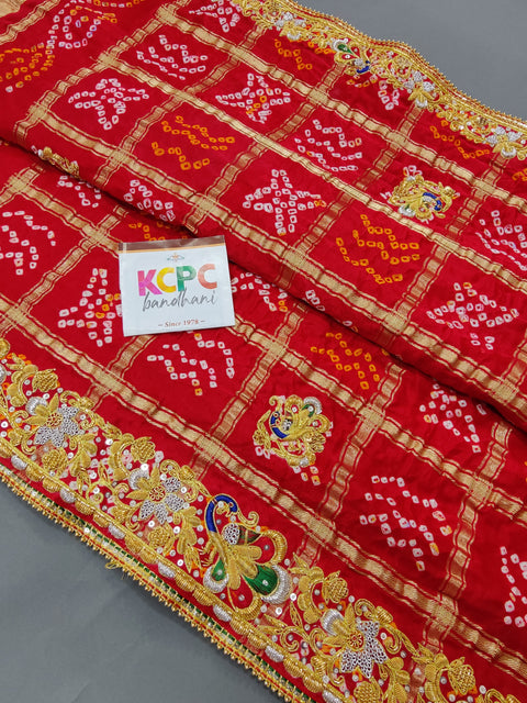 KcPc Pure Gaji Silk Bandhani Jardozi Work Ghatchola Chunri Pila Odhna in Aara Tari Handwork Chunri (Red)