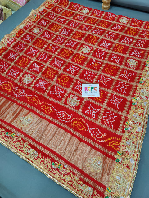 KcPc Ethnic Trending Pure Gaji Silk Bandhani Ghatchola Chunri Pila Odhna in Aara Tari Handwork Chunri (Red)