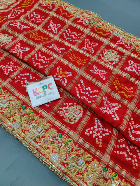 KcPc Ethnic Trending Pure Gaji Silk Bandhani Ghatchola Chunri Pila Odhna in Aara Tari Handwork Chunri (Red)