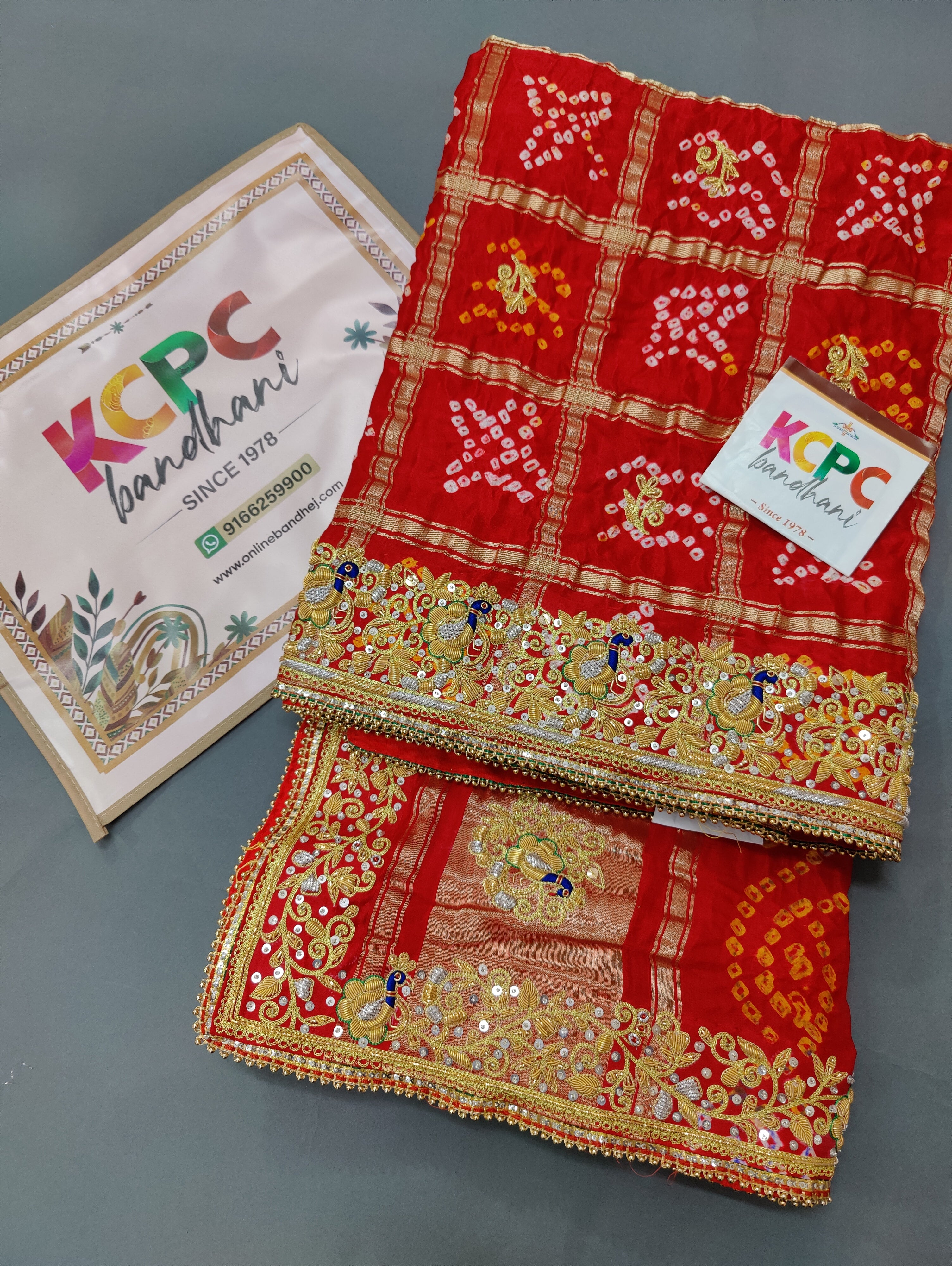 KcPc Rajasthani Trending Pure Gaji Silk Bandhani Jardozi Work Ghatchola Chunri Pila Odhna in Aara Tari Handwork Chunri (Red)