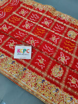 KcPc Rajasthani Trending Pure Gaji Silk Bandhani Jardozi Work Ghatchola Chunri Pila Odhna in Aara Tari Handwork Chunri (Red)