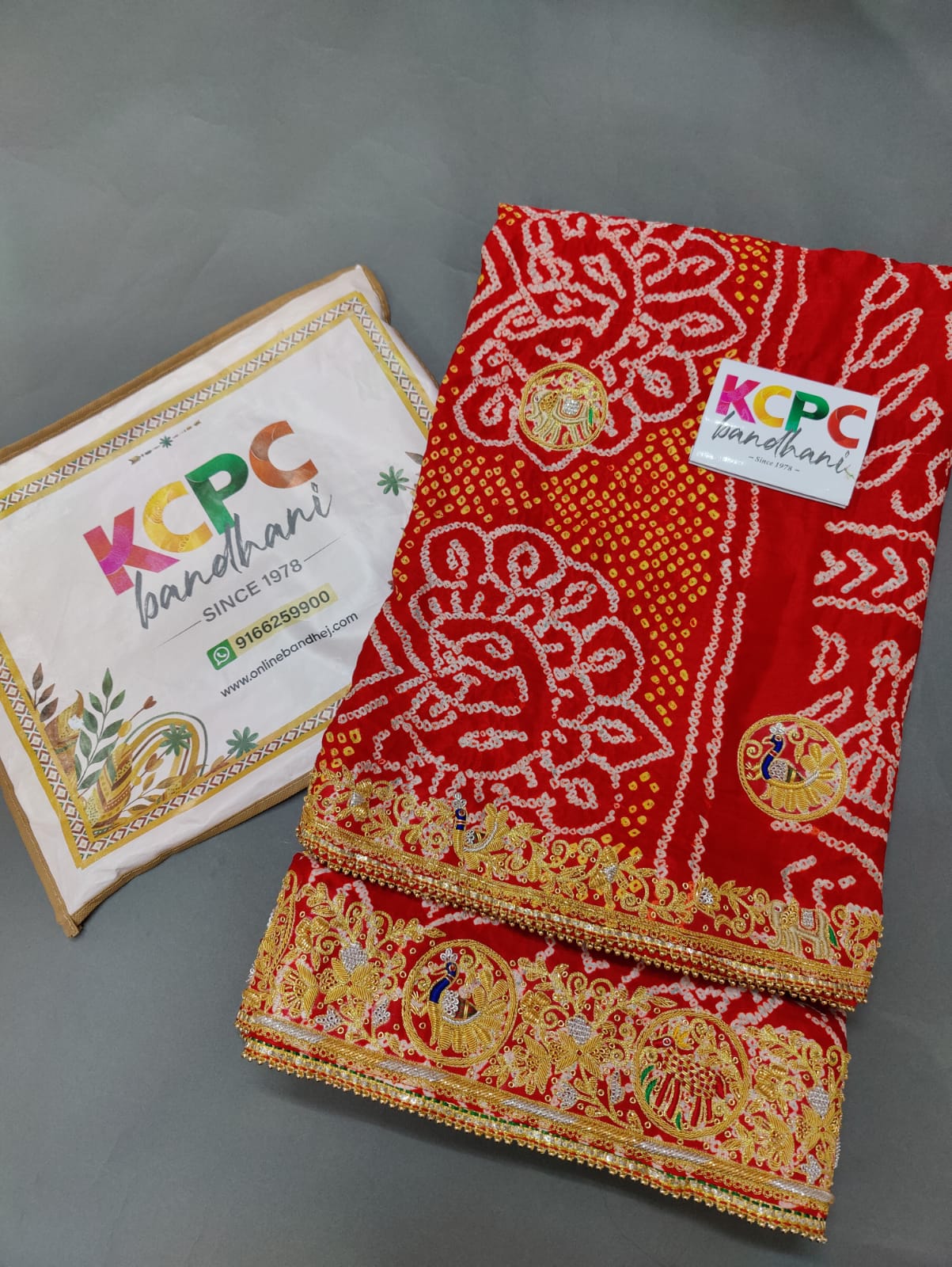KcPc New Jaipuri Dabka Work Vintage Pure Gaji Silk Bandhani Jardozi Work Ghatchola Chunri Pila Odhna in Aara Tari Handwork
