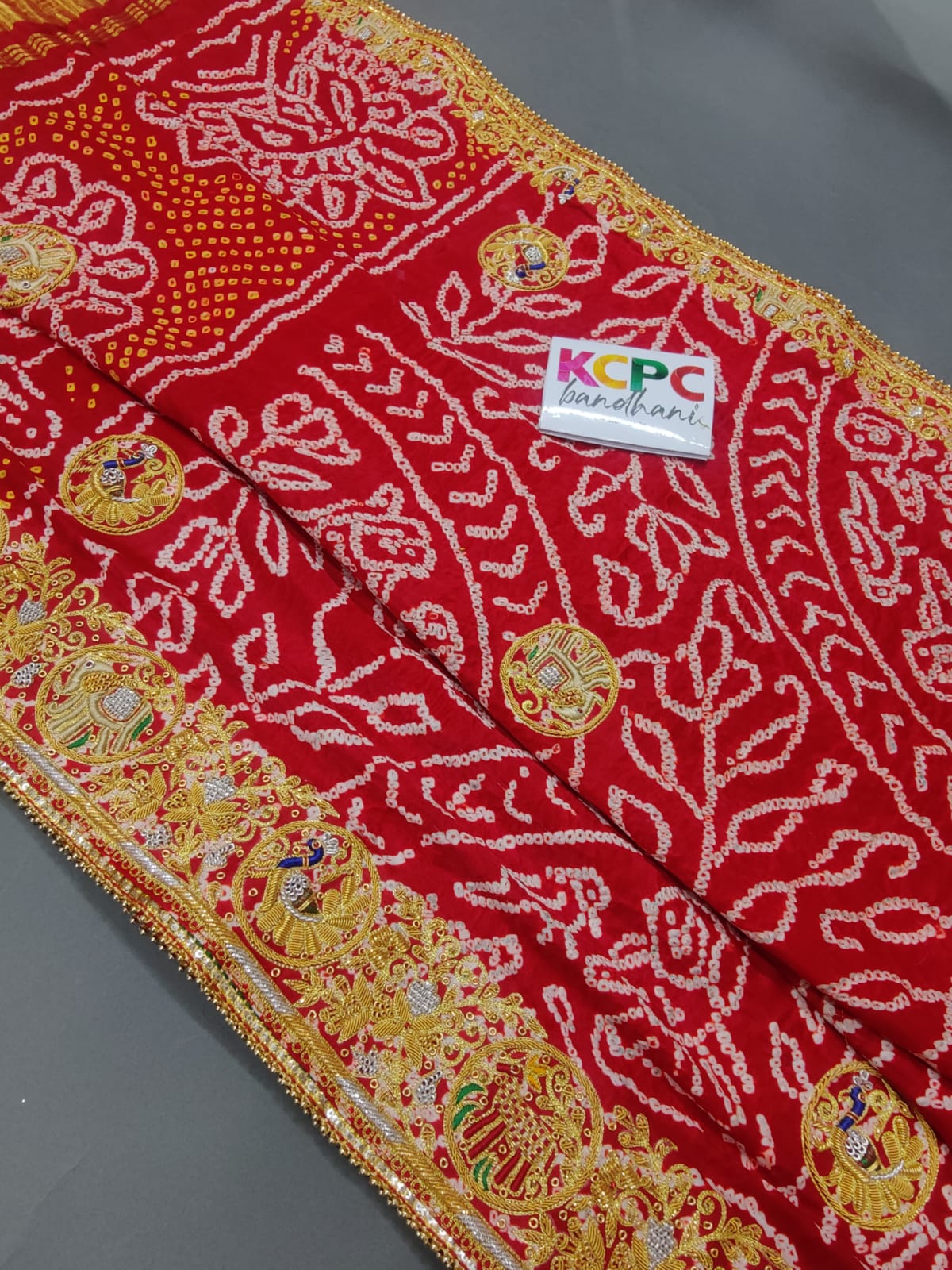 KcPc New Jaipuri Dabka Work Vintage Pure Gaji Silk Bandhani Jardozi Work Ghatchola Chunri Pila Odhna in Aara Tari Handwork
