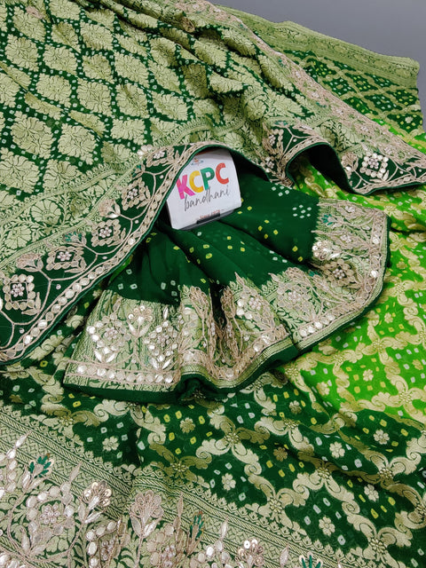 KcPc Pure Khaddi Georgette Upada Janglaw Neemzari Bandhej Gotapatti Work Saree AMT