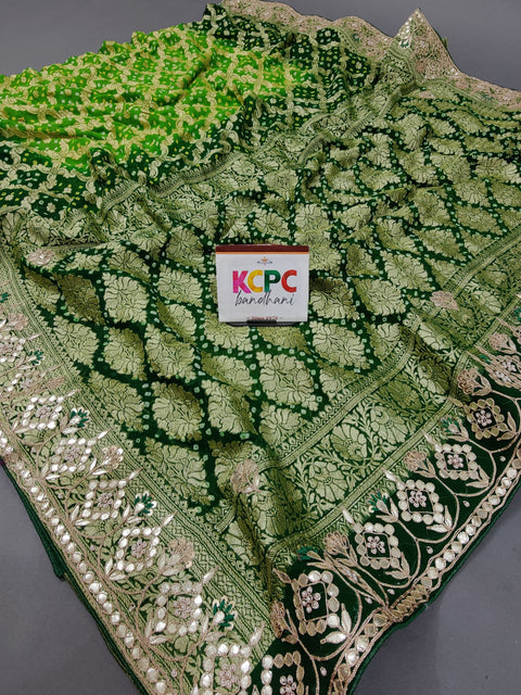 KcPc Pure Khaddi Georgette Upada Janglaw Neemzari Bandhej Gotapatti Work Saree AMT