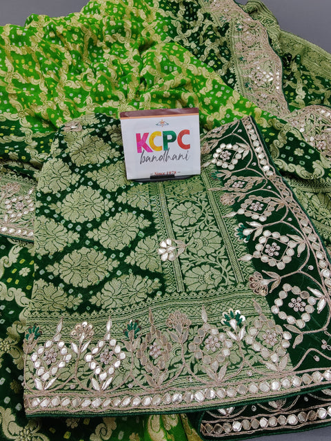 KcPc Pure Khaddi Georgette Upada Janglaw Neemzari Bandhej Gotapatti Work Saree AMT