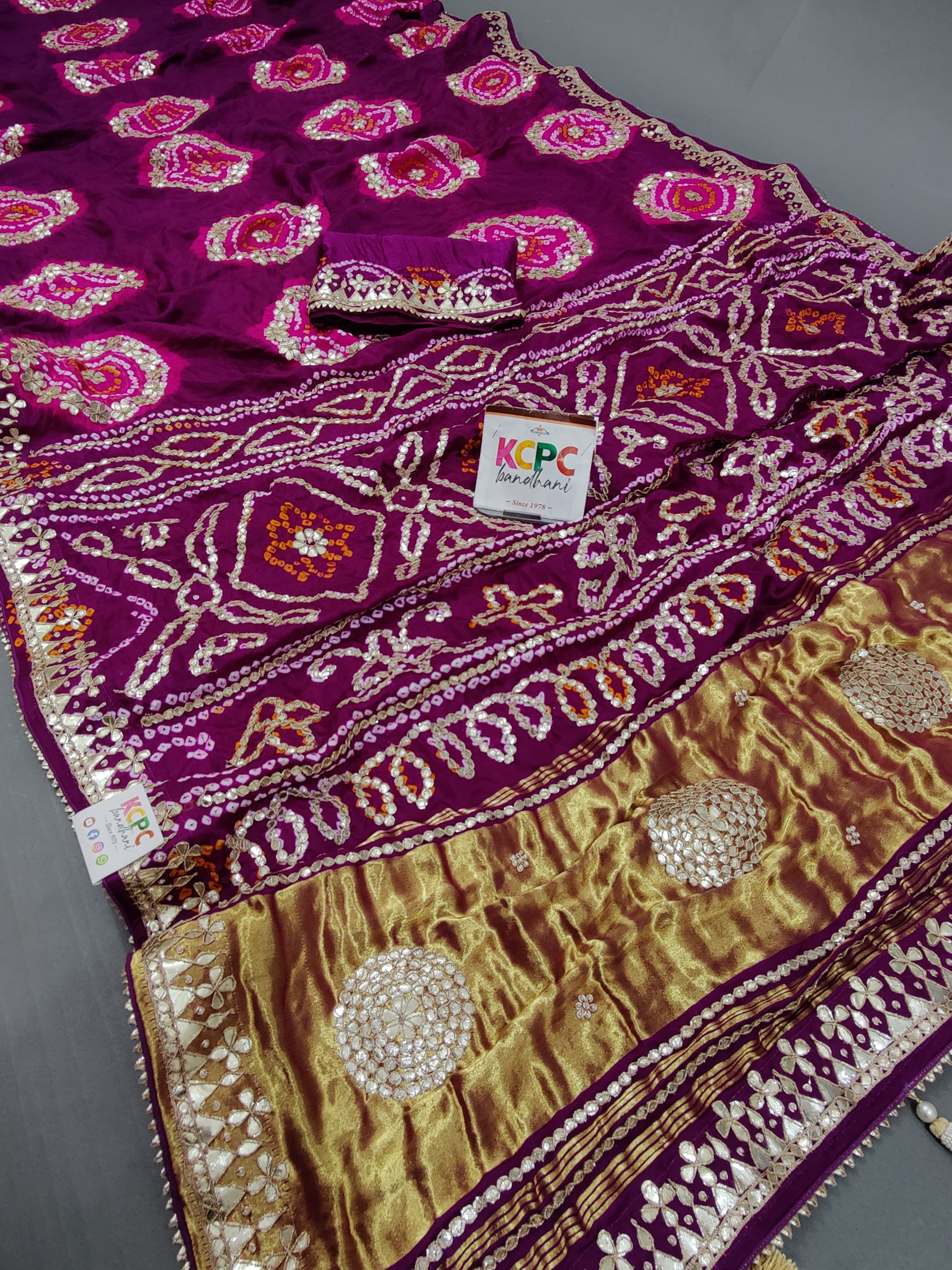  Gaji Silk Handmade Bandhej Gotapatti Laddu Bandhej Saree